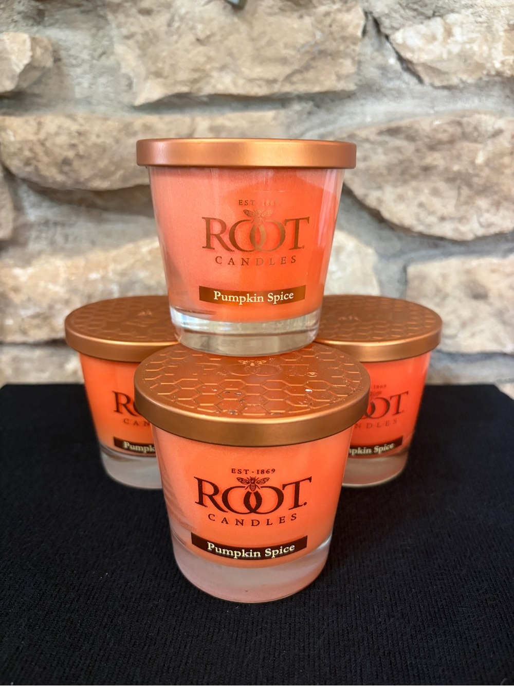 NWT Root Candles Lot (4) Pumpkin Spice Small Veriglass 6.3oz 44 Hour Halloween